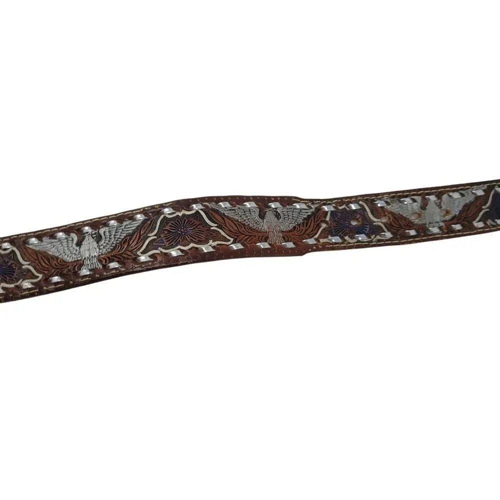 Handcrafted Brown Western Leather Belt Hand Painted Silver Eagle Embossing‎ 32